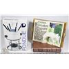 Image 1 : NEW 9PC FONDUE SET WITH CERAMIC UNICORN BOOK.