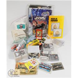 BOX OF COLLECTIBLES INCL HOCKEY CARDS, NASCAR