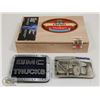 Image 1 : CIGAR BOX WITH GMC & KOMATSU BELT BUCKLES.