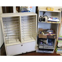 LOT OF 2 WOOD SHELVES WITH CONTENTS