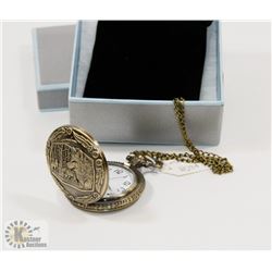 NEW BRONZE POCKET WATCH WOLVES FACE BRONZE CHAIN