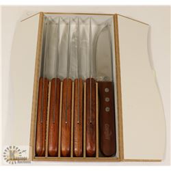 SET OF 6 STEAK KNIVES WITH WOODEN HANDLES NEW.