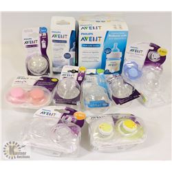 BAG OF ASSORTED NEW BABY ITEMS, SOOTHERS , BOTTLES