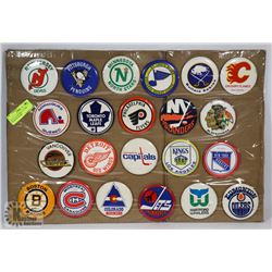 SET OF 22 VINTAGE  3 1/2" NHL TEAMS PIN BACKS.