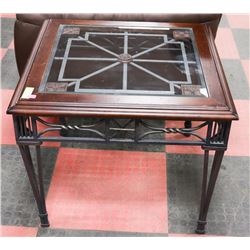 WOOD/GLASS/METAL END TABLE, 28"X28"X23.5".