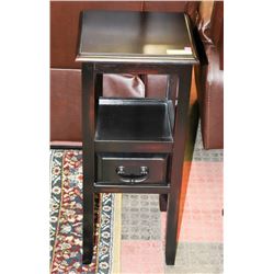 TALL BLACK WOOD END TABLE W/DRAWER, 13"X13"X30"H