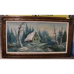 LARGE PAINTING OF A CABIN IN THE FOREST 32" TALL