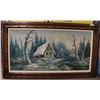 Image 1 : LARGE PAINTING OF A CABIN IN THE FOREST 32" TALL