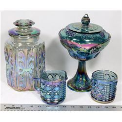 BLUE CARNIVAL GLASS CANDY DISH WITH LID, COOKIE