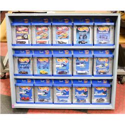 DISPLAY WITH 15 COLLECTIBLE HOT WHEELS CARS.