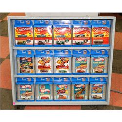 DISPLAY WITH 15 VINTAGE HOT WHEELS COLLECTOR CARS.
