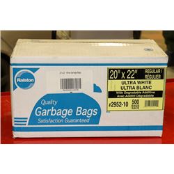 BOX OF 20"X22" REGULAR WHITE GARBAGE BAGS.