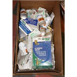 LARGE BOX OF ASSORTED AC RECHARGE KITS, FLUID, &