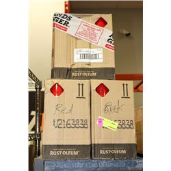 3 CASES WITH 6 BOTTLES OF RED SPRAY PAINT.