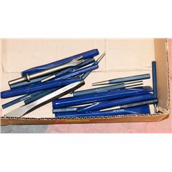 BOX OF ASSORTED CHISELS.