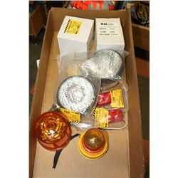 BOX OF NEW ASSORTED VEHICLE LIGHTS.