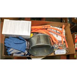 BOX OF RUBBER STRAPS, EAR PLUGS WORK GLOVES AND