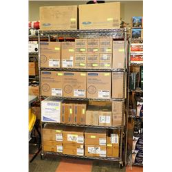 METRO RACK FILLED WITH TOILET PAPER AND PAPER