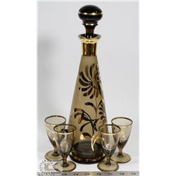 MID CENTURY BOHEMIAN GLASS DECANTER AND GLASSES.