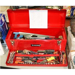 1) TOOL BOX WITH CONTENTS INCL PRYBARS, WRENCHES,