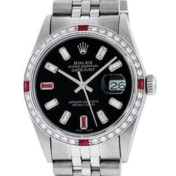 Rolex Mens Stainless Steel Black Baguette Diamond Ruby & 36MM Datejust Wristwatc