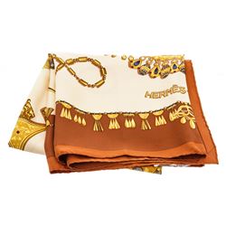 Hermes Brown Gold Parures Des Sables Laurence Bourthoumieux Silk Scarf 90