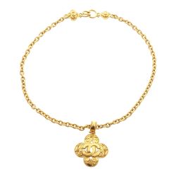 Chanel Gold Chain Link Qua Trefoil CC Drop Pendant Vintage Necklace 96A