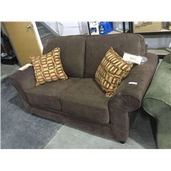 NEW Chocolate Sofa and Love Seat Set w/ Throw Pillows(love seat is shown, sofa is still wrapped in p