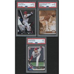 Lot of (3) PSA Graded Shohei Ohtani Rookie Cards with 2018 Diamond Kings Sepia Variations #73 (PSA 1