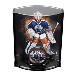 Grant Fuhr Signed Edmonton Oilers Limited Edition Acrylic Hockey Puck with Curve Display Case (UDA C