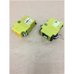 (2) PILZ pnoz xv3 0.5/24vdc 3n/o 2n/o t fix w/ PILZ pnoz x8p 120vac 3n/o 2n/c 2so Safety Relay
