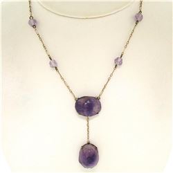 10k Yellow Gold and Silver Carved Amethyst Dangle Necklace