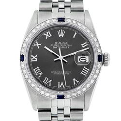 Rolex Mens Stainless Steel Dark Rhodium Roman Diamond & Sapphire Datejust Wristw