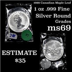 1988 Canadian Maple Leaf 1 oz .999 fine silver round ms69