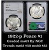 Image 1 : NGC 1922-p Peace Dollar $1 Graded ms63 By NGC