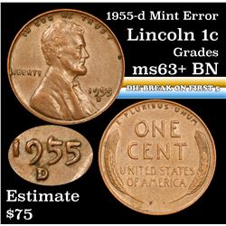 1955-d Mint Error 'Die break on first 5' Lincoln Cent 1c Grades Select+ Unc BN