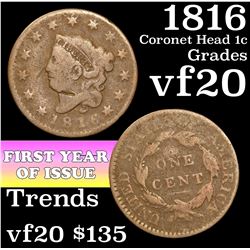 1816 Coronet Head Large Cent 1c Grades vf, very fine