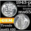 Image 1 : 1943-p Mercury Dime 10c Grades GEM Unc