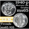 Image 1 : 1940-p Mercury Dime 10c Grades GEM Unc