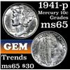 Image 1 : 1941-p Mercury Dime 10c Grades GEM Unc