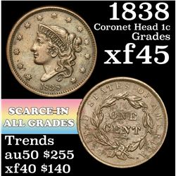 1838 Coronet Head Large Cent 1c Grades xf+