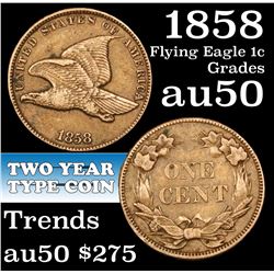 1858 SL Flying Eagle Cent 1c Grades AU, Almost Unc