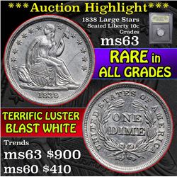 ***Auction Highlight*** 1838 Large Stars Seated Liberty Dime 10c Graded Select Unc By USCG (fc)