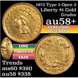 1873, Type 3 Open 3 Liberty Gold 1 Grades Choice AU/BU Slider+