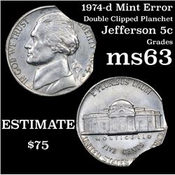 1974-d Mint Error 'Double Clipped Planchet' Jefferson Nickel 5c Grades Select Unc