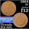 Image 1 : 1864 Two Cent Piece 2c Grades f, fine
