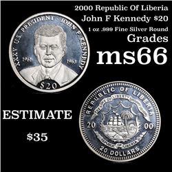 2000 Republic of Liberia John F Kennedy, $20, 1 oz .999 fine Grades GEM+ Unc