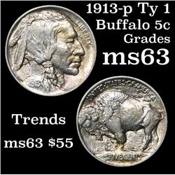 1913-p Ty I Buffalo Nickel 5c Grades Select Unc