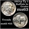 Image 1 : 1913-p Ty I Buffalo Nickel 5c Grades Select Unc