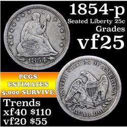 1854-p Seated Liberty Quarter 25c Grades vf+